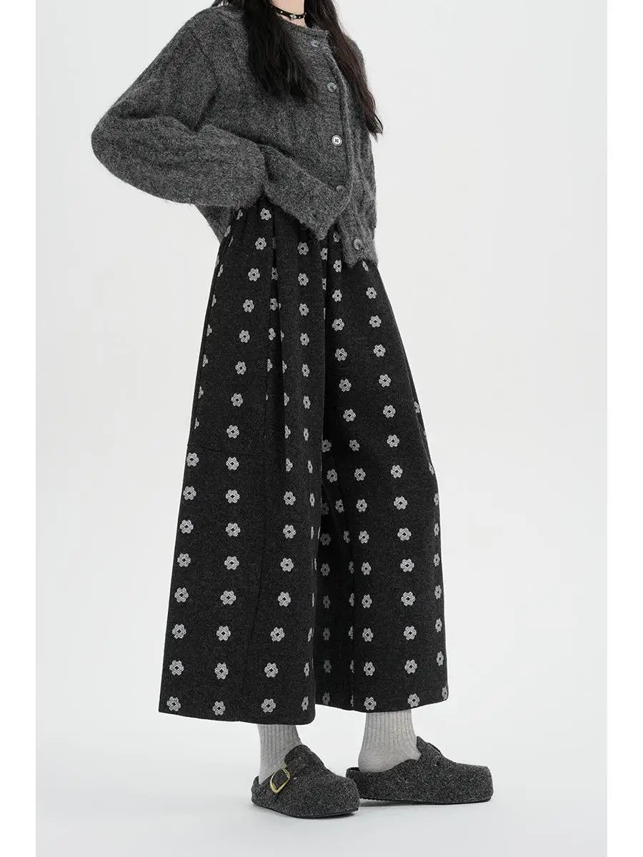 Pantaloni di lana floreali a gamba larga a vita alta Pantaloni casual dritti larghi autunno inverno da donna Stampa di piccole dimensioni Otto nove pantaloni