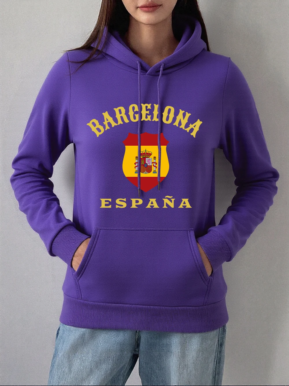 Barcelona espana emblema impressão hoodies feminino casual bolso pullovers inverno velo quente camisolas básicas roupas confortáveis