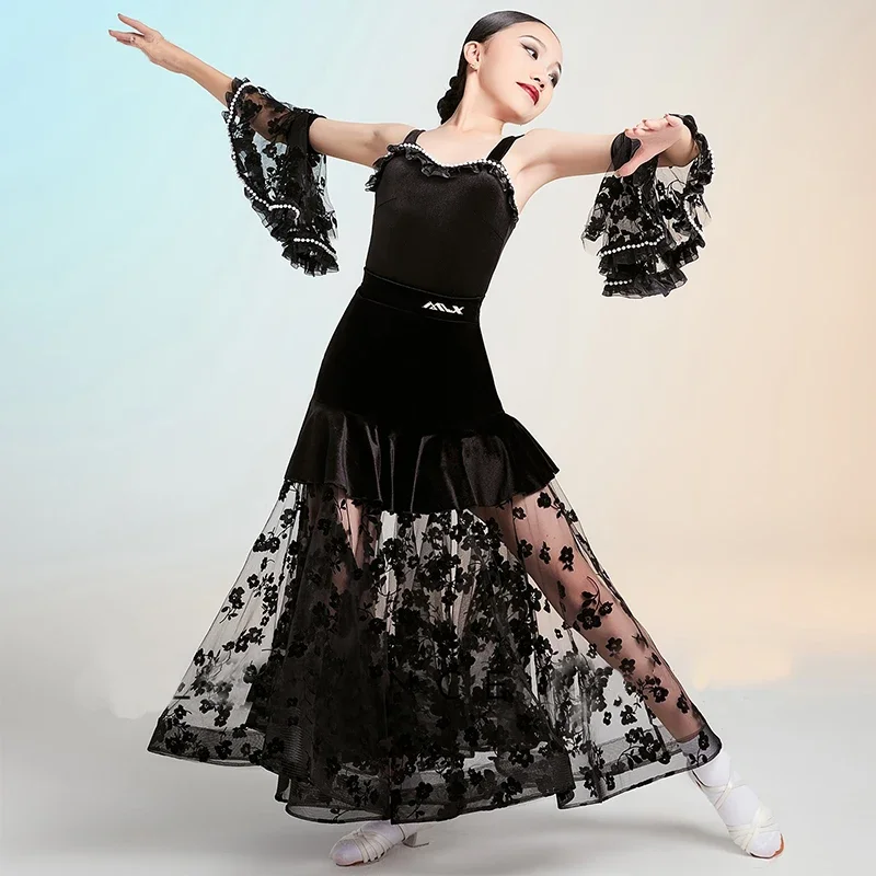 

2025 New Girl Black Lace Mesh Ballroom Dance Suit Waltz Tango Modern Dance Standard Competition Dress Children Dancewear