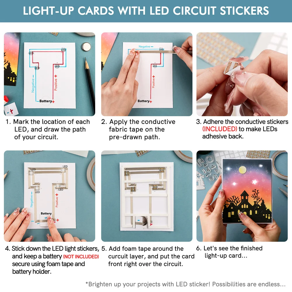 Pegatinas de circuito LED blancas y cinta de tela conductora, kit de manualidades, conexiones de diseño con cinta conductora (sin batería)