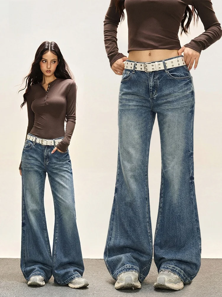 

Retro Waed Denim Bell Bot Pants High Waist Loose Fit Women's Slim Version Casual Straight Leg Long Trousers