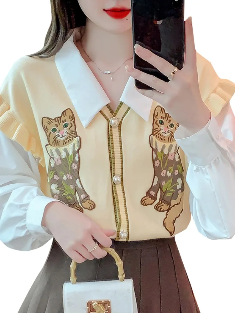 fake two pcs sweaters women sweet cat sweaters cardigans