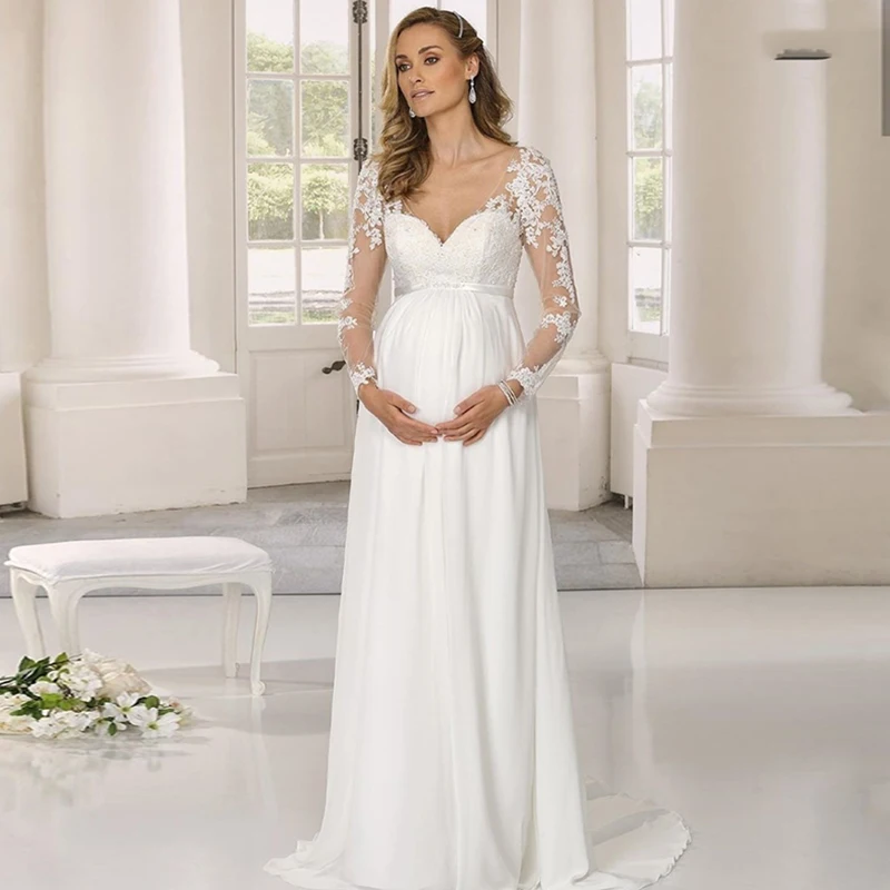 

Pregnant Woman Wedding Dress Chiffon Long Sleeve Floor Length V-Neck Bridal Gowns Maternity Lace Appliques Robe De Mairee Custom