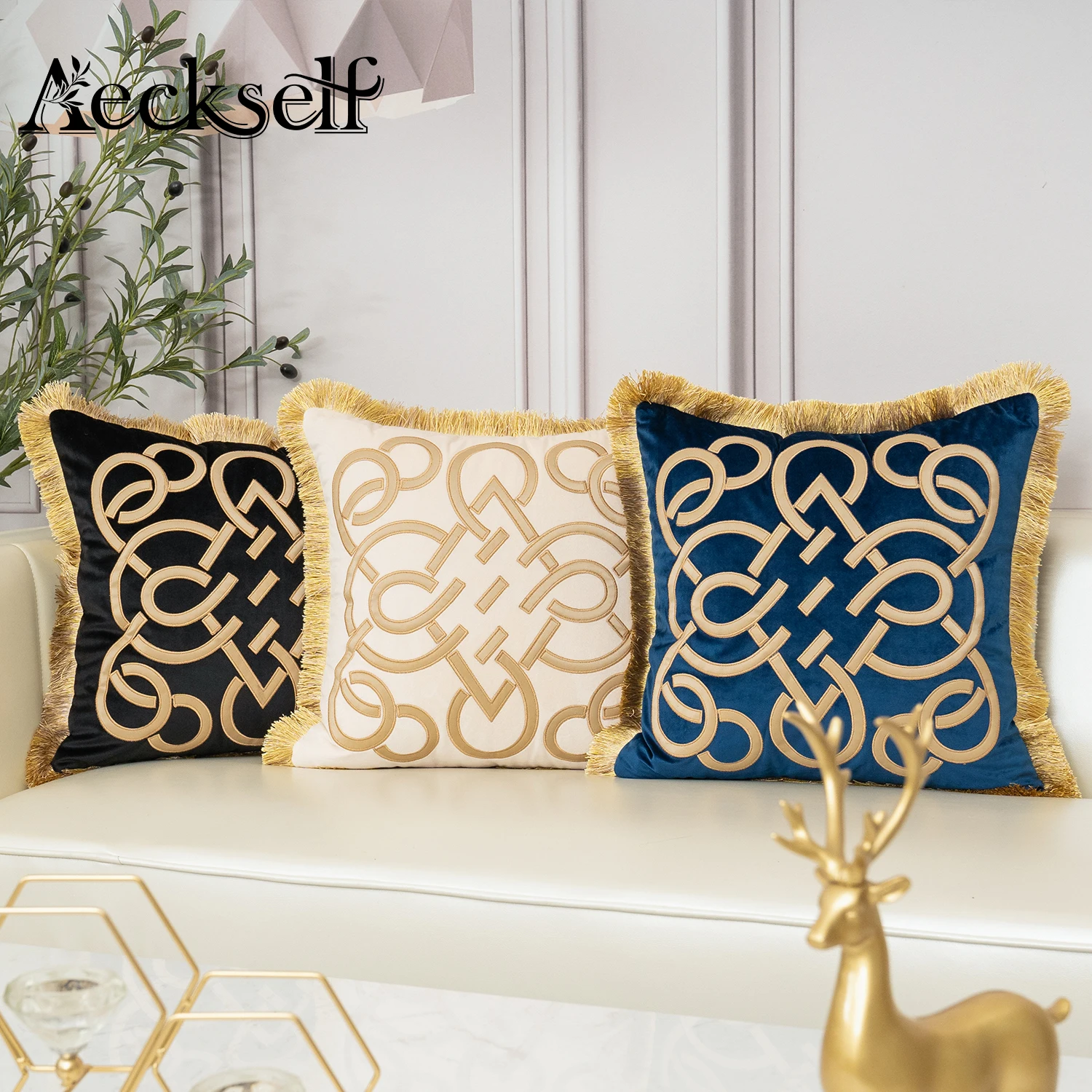 Aeckself Luxe Gouden Leer Borduurwerk Fluwelen Kussenhoes Met Kwastje Home Decor Marineblauw Zwart Beige Sierkussen Case