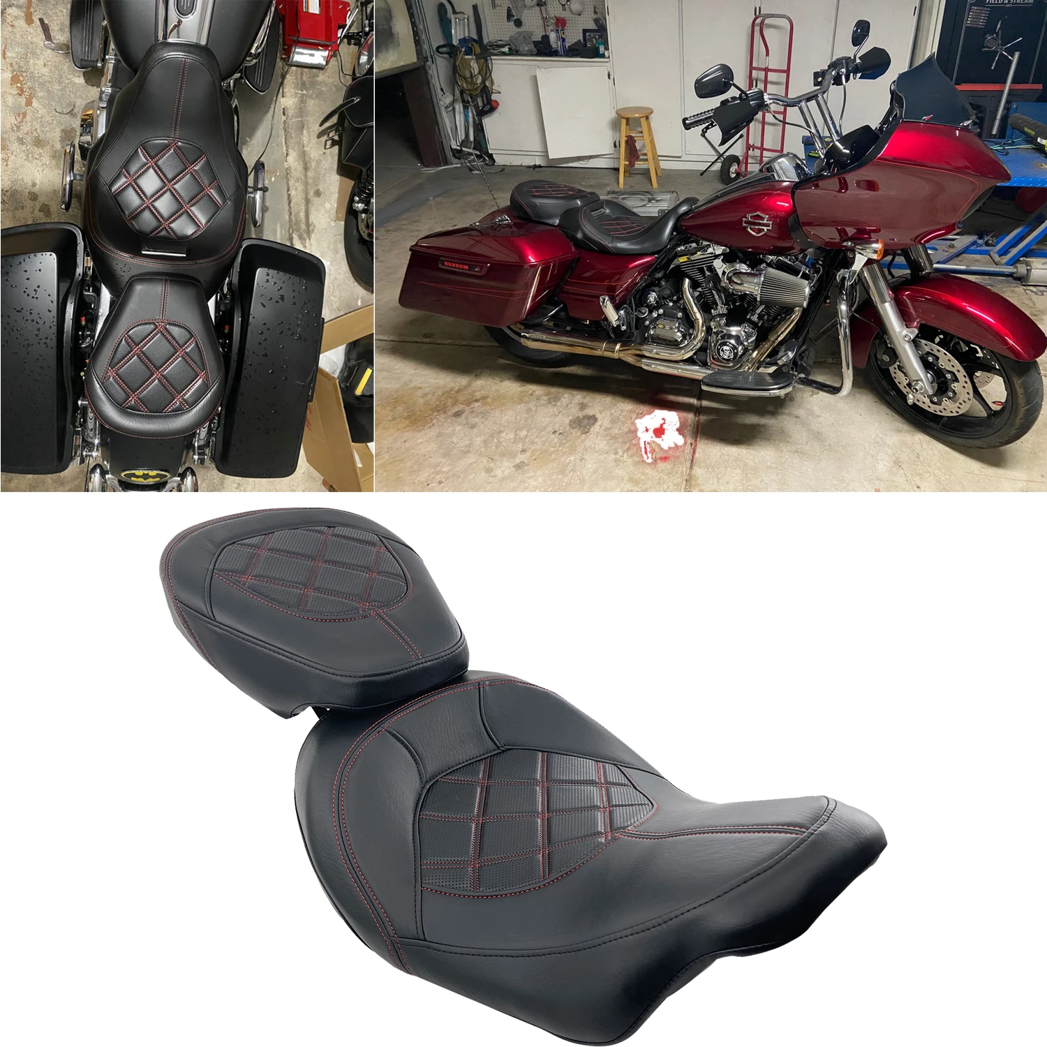 Red Diamond- Shaped Low-Profile Driver Passenger Pillion Seat For Harley Touring Road King CVO Limited Street Glide  2009-2021