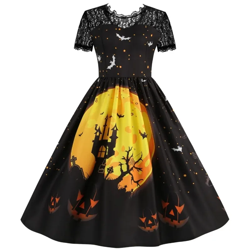 Women's New 2025 Spliced   Halloween Lace Short-sleeved Spliced   sexy Positioning Print Dress