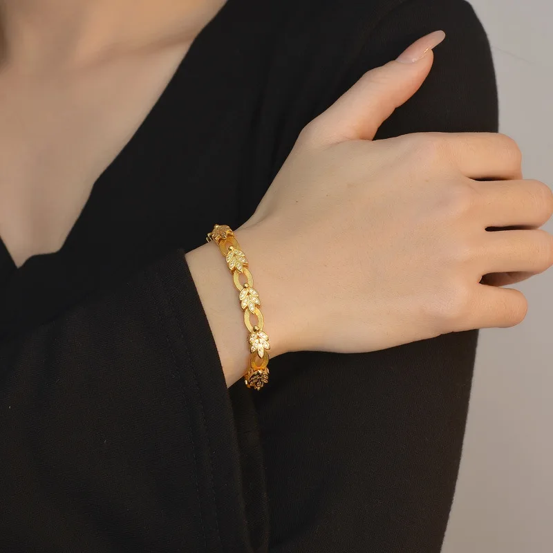 

Браслет из настоящего золота 24 карата с листьями пшеницы, женский нишевый модный стиль для поездок на работу, браслет из чистого золота 9999, инкрустированный цирконом в виде листьев