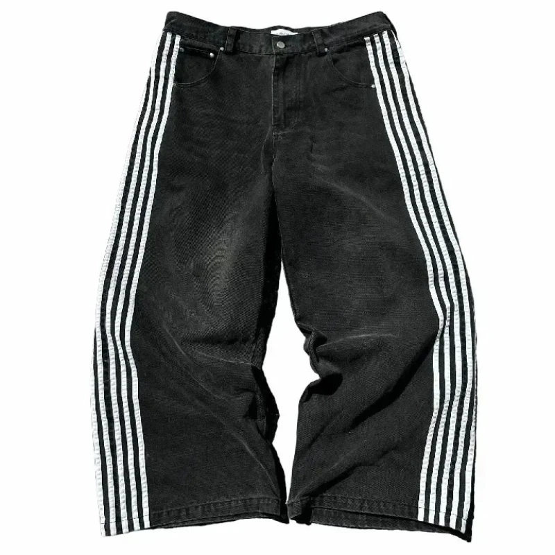 Costumi di danza di strada, pantaloni a gamba larga a gamba dritta a righe, pantaloni casual larghi, jeans hip-hop da strada con personalità retrò americana