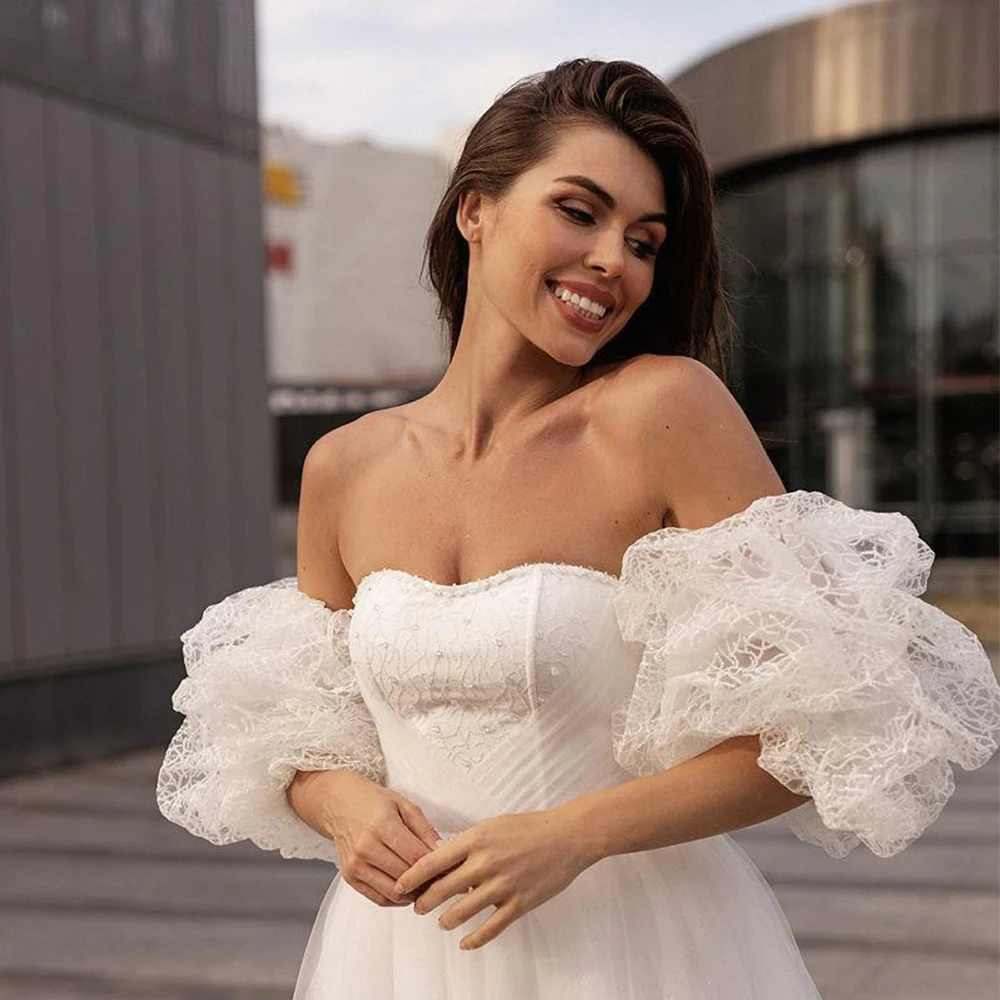 Elegantes vestidos de casamento sem alças com lantejoulas femininas, vestidos de noiva de manga curta inchados, verão, novo, 2024