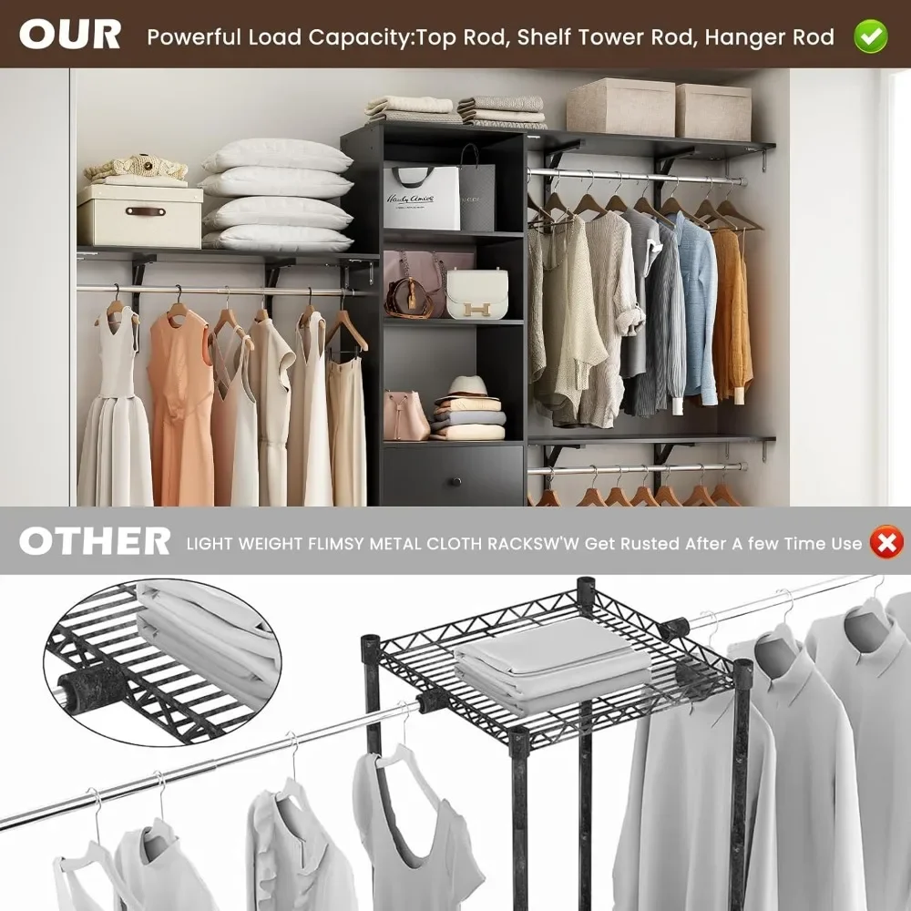 High Capacity Wardrobe Rack with 3 Drawers & Expandable Hanger Rods - Fits 6-9 ft Spaces