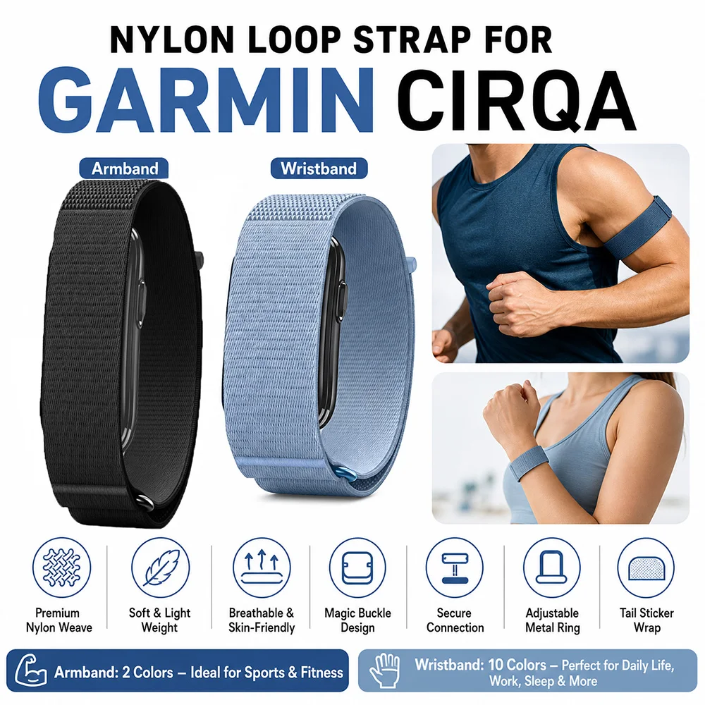New Nylon Watch Strap for Garmin CIRQA Unisex Adjustable Soft Lightweight Wrap‑around Replacement Arm/Wristband for Garmin CIRQA