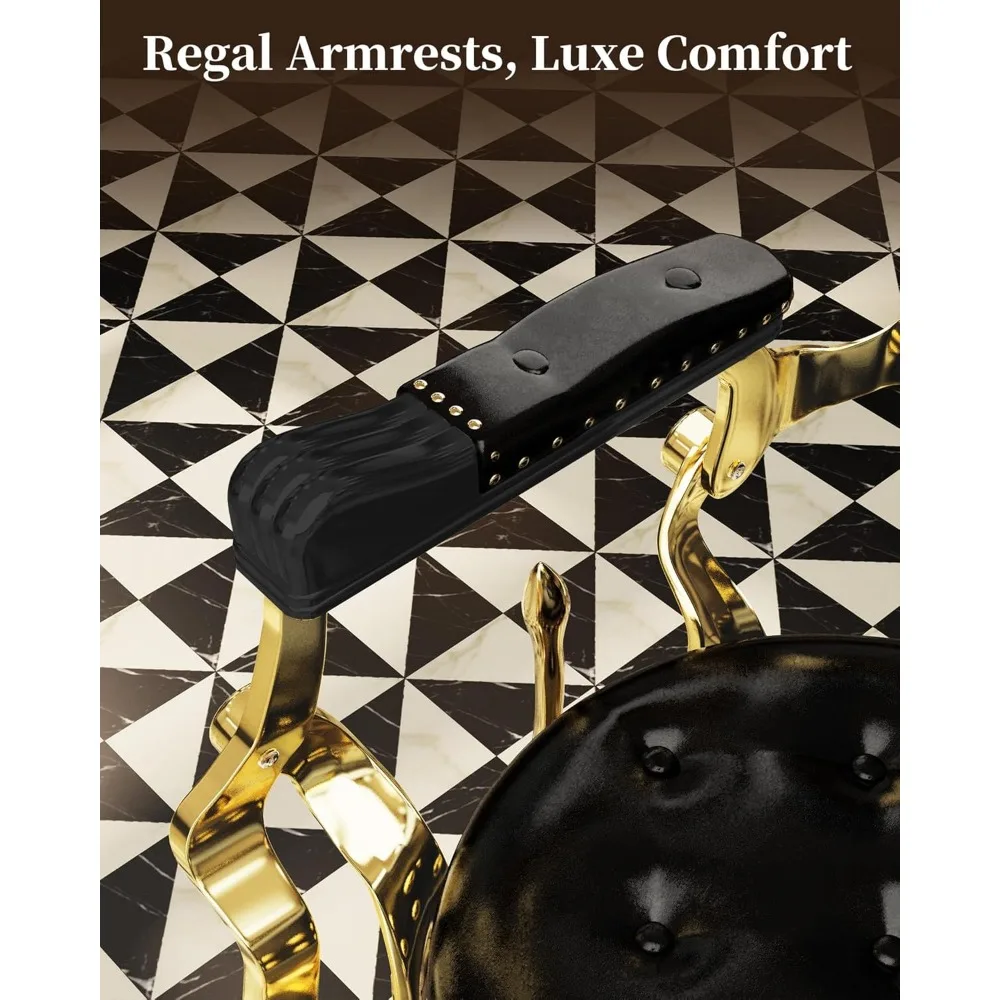 Black and Gold Retro Classic Barber Chair, Heavy-Duty Reclining Barber Chair, Vintage Salon Chair with Exquisite Rivet Design,