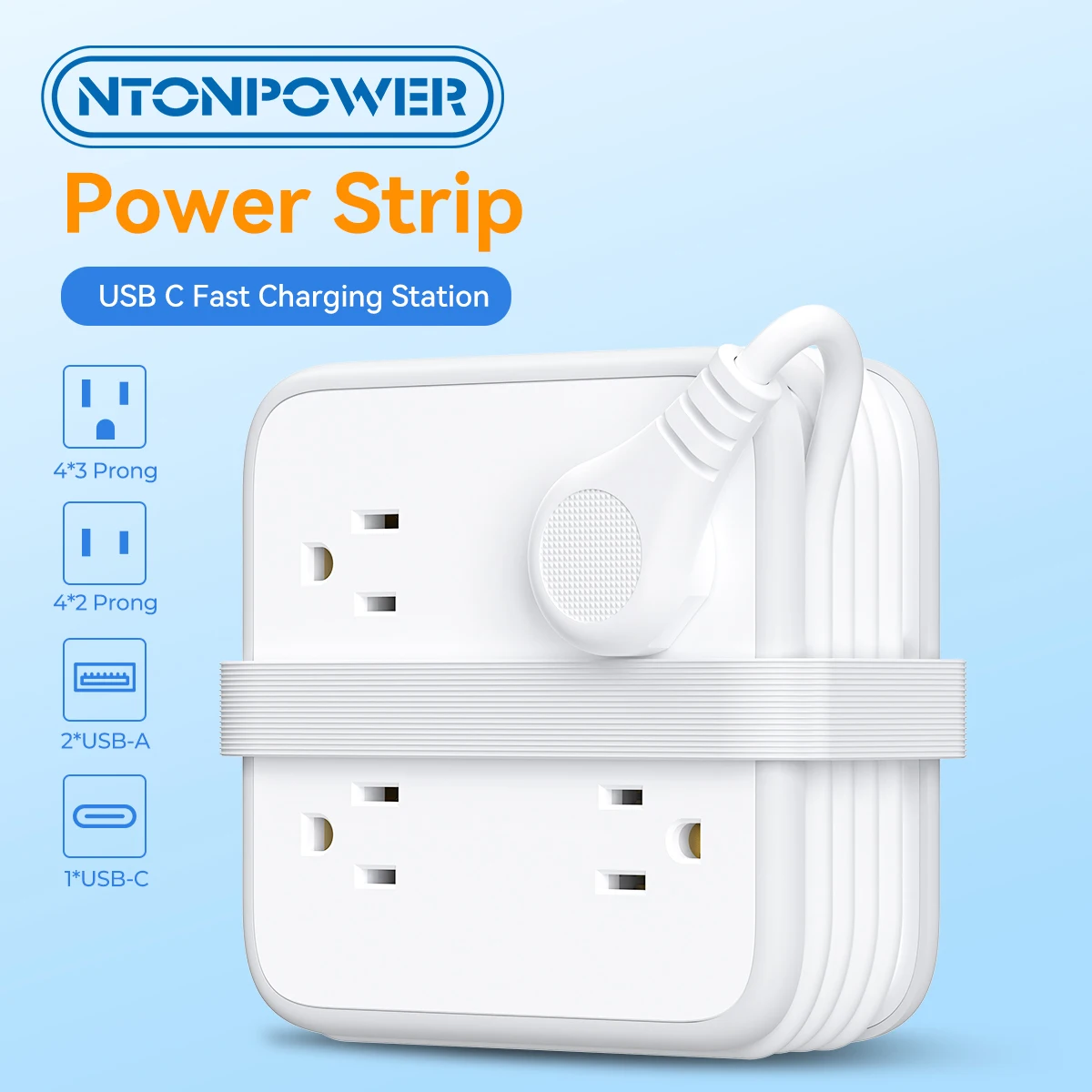 

Portable Power Strip with USB-C Fast Charging 8 AC Outlets 3 USB Ports Extension Cord US Plug for Business Travel Office Home