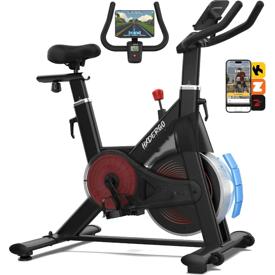 Bicicleta estática estacionaria de interior para fitness en casa con transmisión por correa silenciosa, resistencia ajustable, tren de ciclismo inteligente compatible