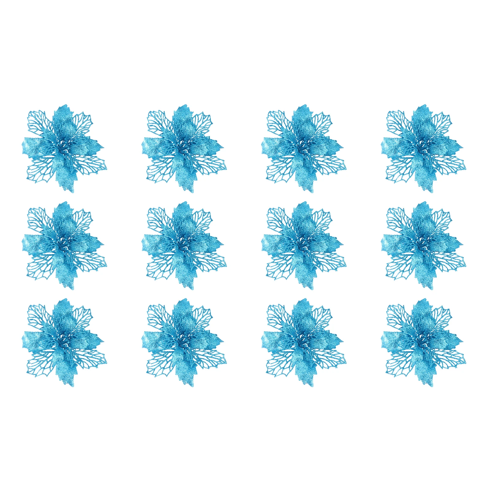 

12 Glitter Poinsettia Artificial Flowers Blue Faux Decorations Christmas Tree Garland Pendant Indoor Outdoor Holiday nament
