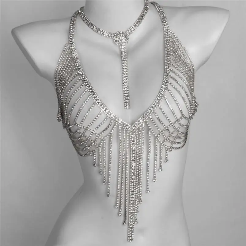 

European and American personality shiny full diamond fringed body chain heavy industry wind catwalk stage rhinestone exaggerated