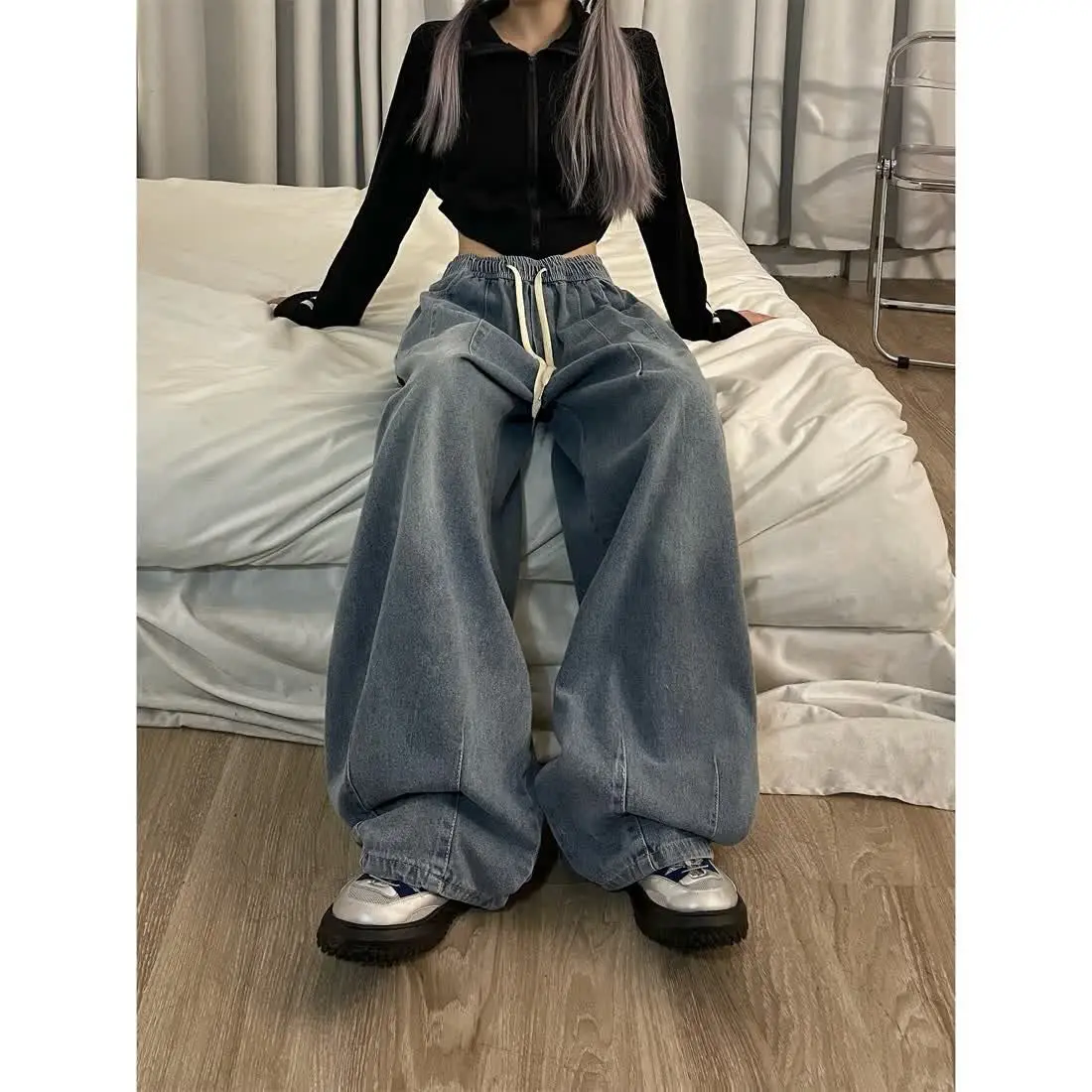 

American retro trend personalized elastic band straight leg jeans for men and women loose and wide leg floor length casual pants