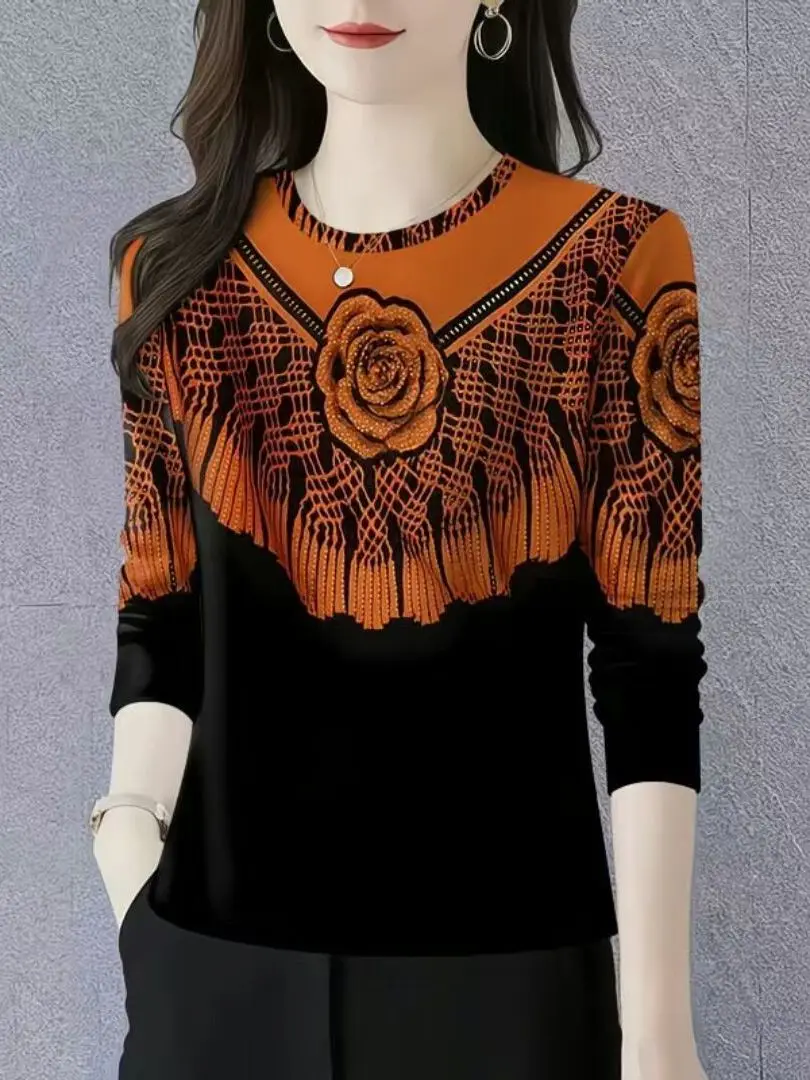 Fashionable Long Sleeve Printed Base Layer Top Autumn Winter New Style 2025 Cover Belly Retro Trendy Small Shirt Ladies T-shirt