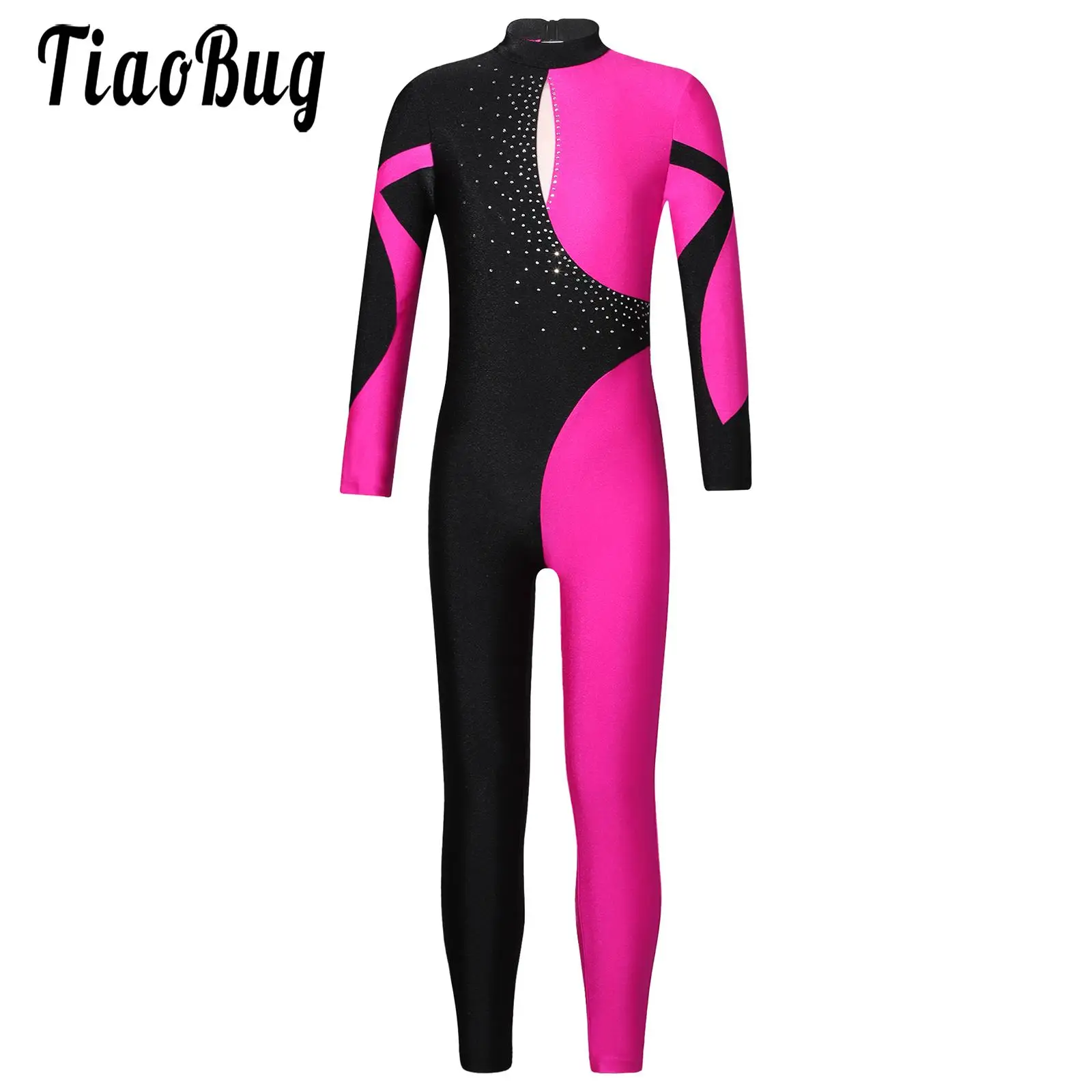 Kids Girls Long Sleeve Rhinestone Gymnastics Leotard Bodysuit Unitard Full Body One Piece Jersey Figure Ice Skating Jumpsuit