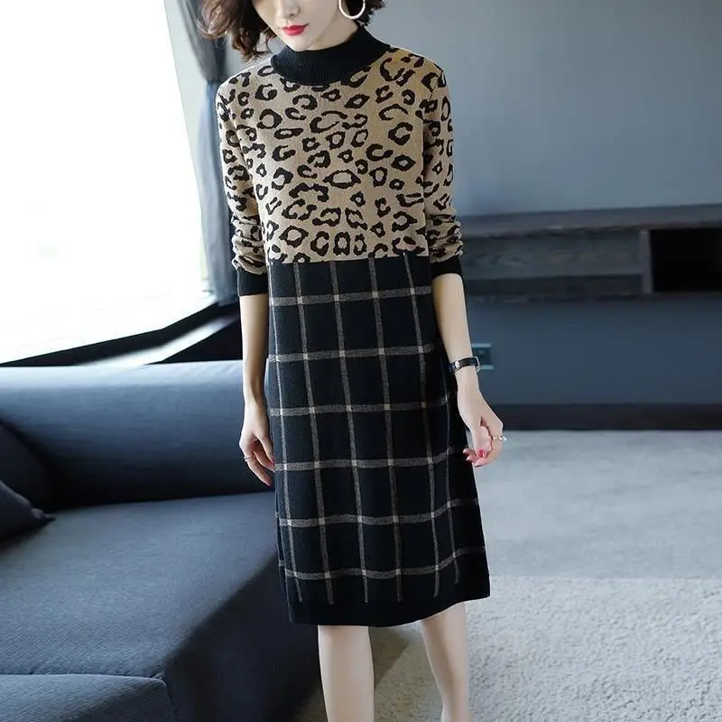 Abbigliamento donna mezzo collo alto abito longuette Chic Leopard Casual Patchwork Plaid stampato autunno inverno abiti dritti lavorati a maglia