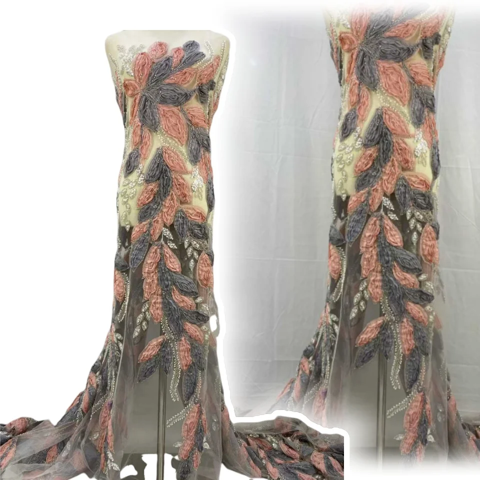 

Luxury French Tulle Net Lace with Sequins and Beads African Nigerian 3D Embroidered Flowers Lace Fabric Lace for Dresses CC1225