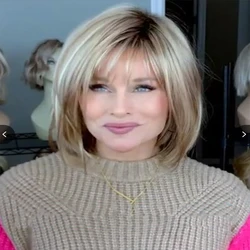 Women's Fashion Bob Hair Short Blonde Bob Wigs with Bangs Black Roots Straight Synthetic Ombre Hair Party Wig for Mommy