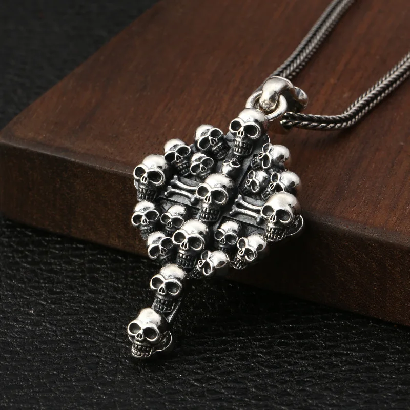 

s925 sterling silver personality European and American punk skull pendant trendy men distressed retro stylish pendant