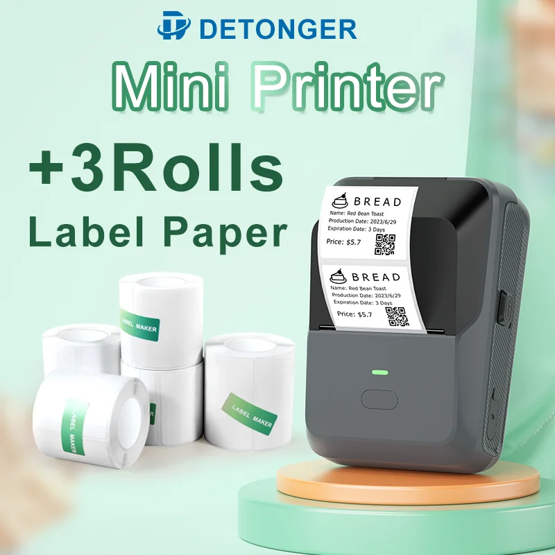 3 Rolls Thermal Self-adhesive White Label with DETONGER P2 Mini Printer for Home&Office  Clothing Food Wireless Sticker Printer