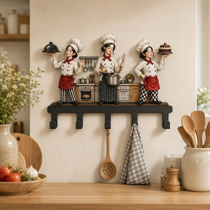Cute Chef Statue Kitchen Wall Hook Rack, Utensil Hooks, Kitchen Towel Hooks, Rustic Metal Decorative Hooks with 5 Hooks