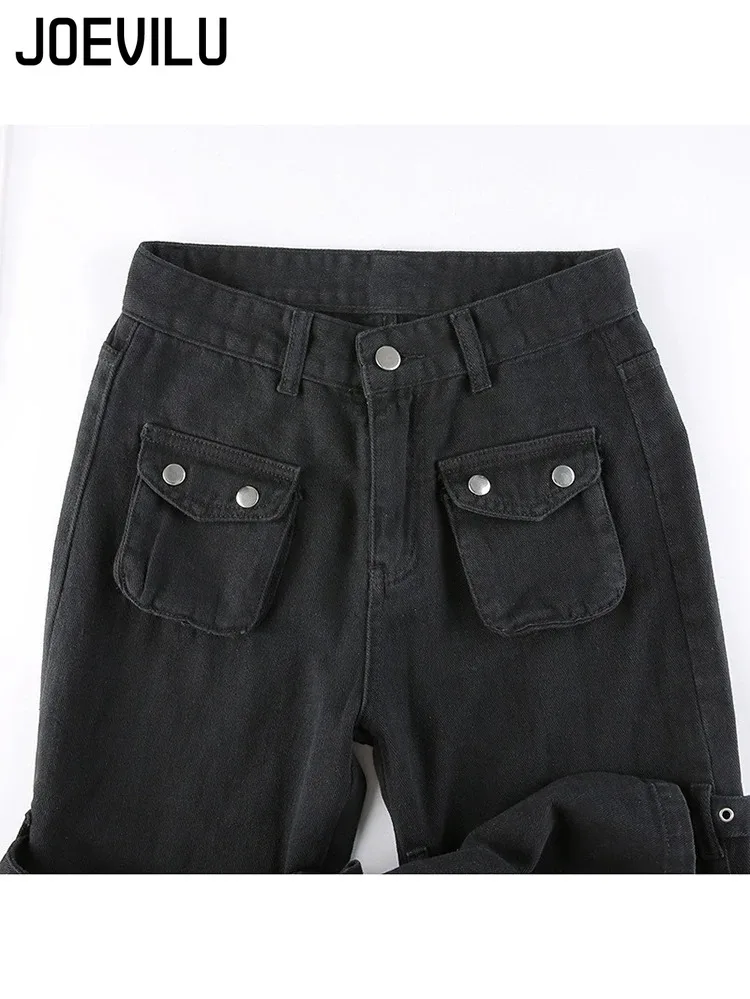 Botão de metal cintura alta perna reta jeans gota virilha calças streetwear hip hop moda y2k carga denim calças para mulher