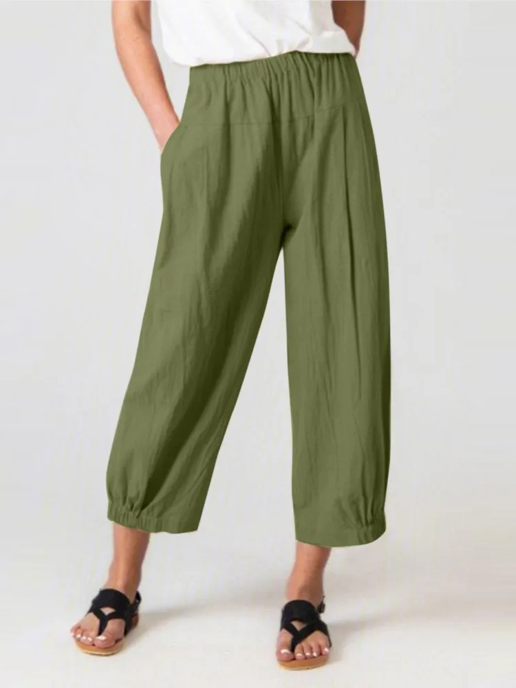 Women Cotton Linen Loose Pants New Spring Autumn Elastic Waist Pants Lady Casual Baggy Cropped Pants Thin Beach Wide Leg Pant