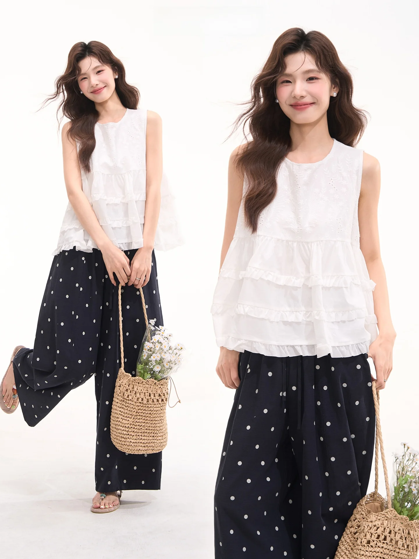 

Princess Style Cotton Embroidered Lace Trim Sleeveless Shirt Women's Summer Top Floral Field Window Heme Light Dream