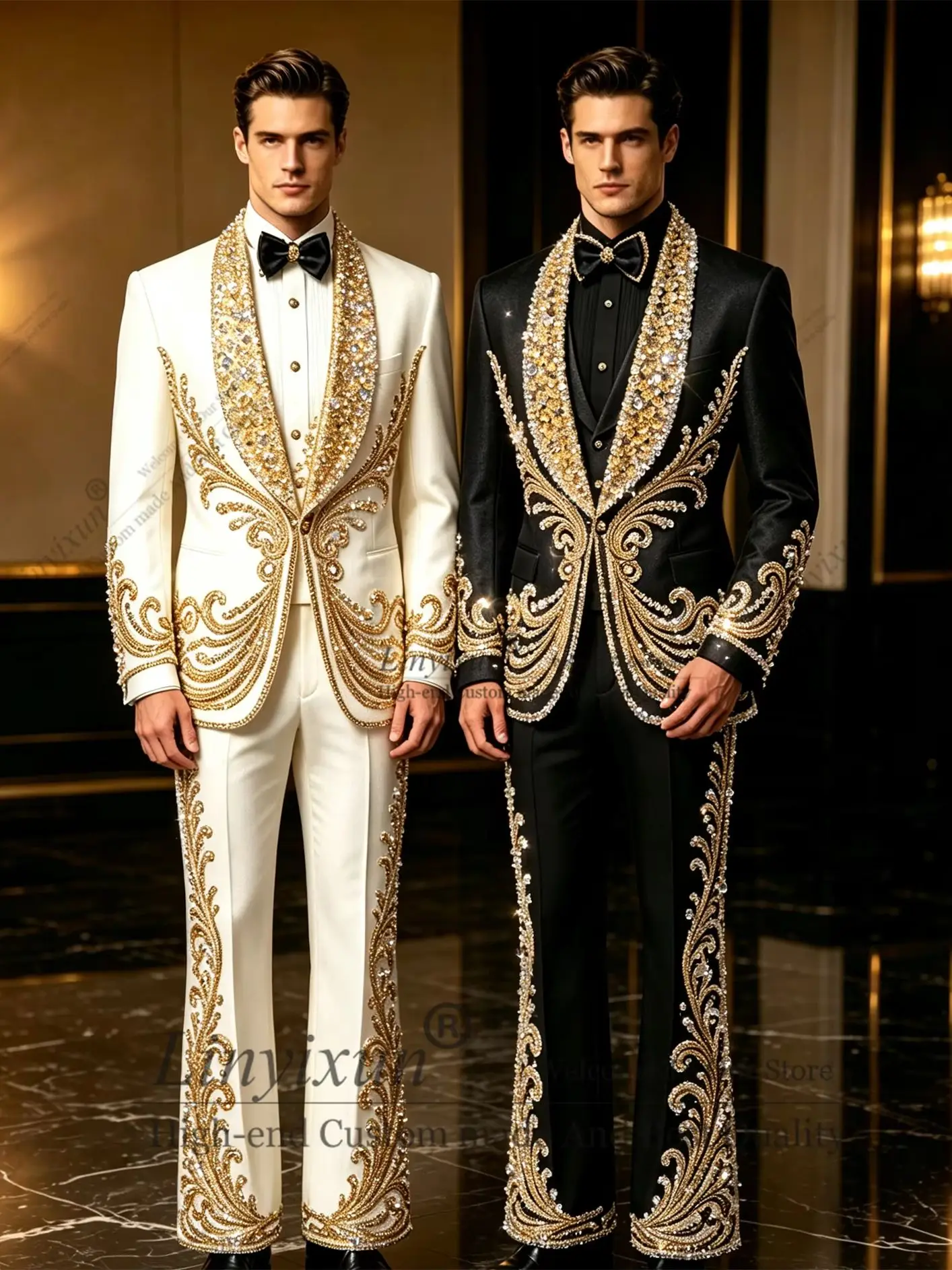 Italian Beaded Men Suits Set Blazer+Pant Trousers Wedding Tuxedo Shiny Crystals Formal Office Business Groom Coat Customized