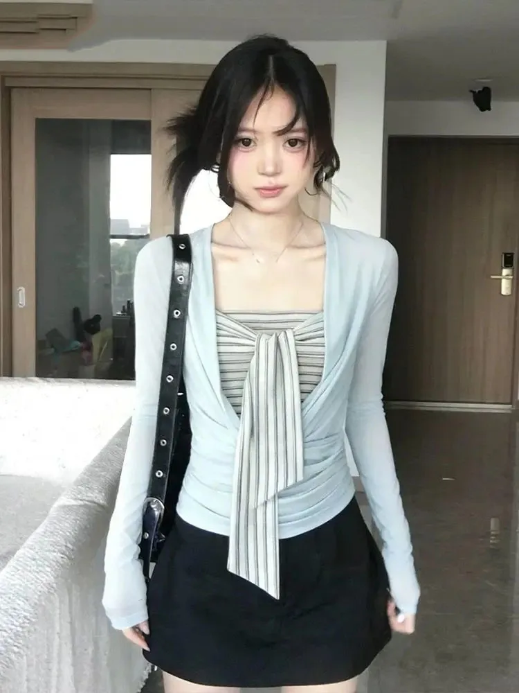 

Two Piece Sets Women Long Sleeve Swinging Collar T Shirts Striped Bandage Slim Camisole Sexy Female Fashion Suits Tops