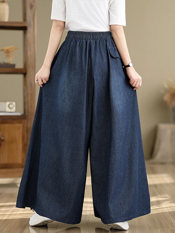 Hoge taille wijde pijpen denim rok broek dames lente zomer casual a-lijn maxi rok zijsplit lange broek losse pasvorm blauw