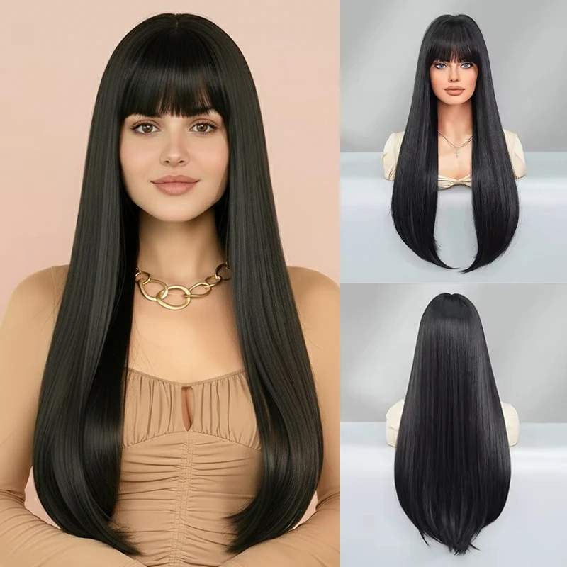 Peruca preta reta com franja tipo cortina, com franja loira, perucas de cabelo natural para mulheres, resistentes ao calor