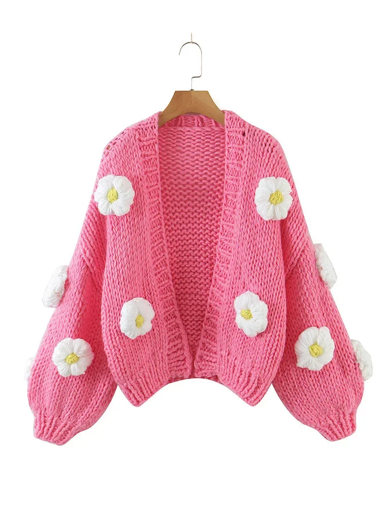 Fashion 3D Flower Knitted Cardigan for Women Elegant V Neck Open Stitch Knitting Coat 2024 Autumn New Female Long Sleeve Sweater