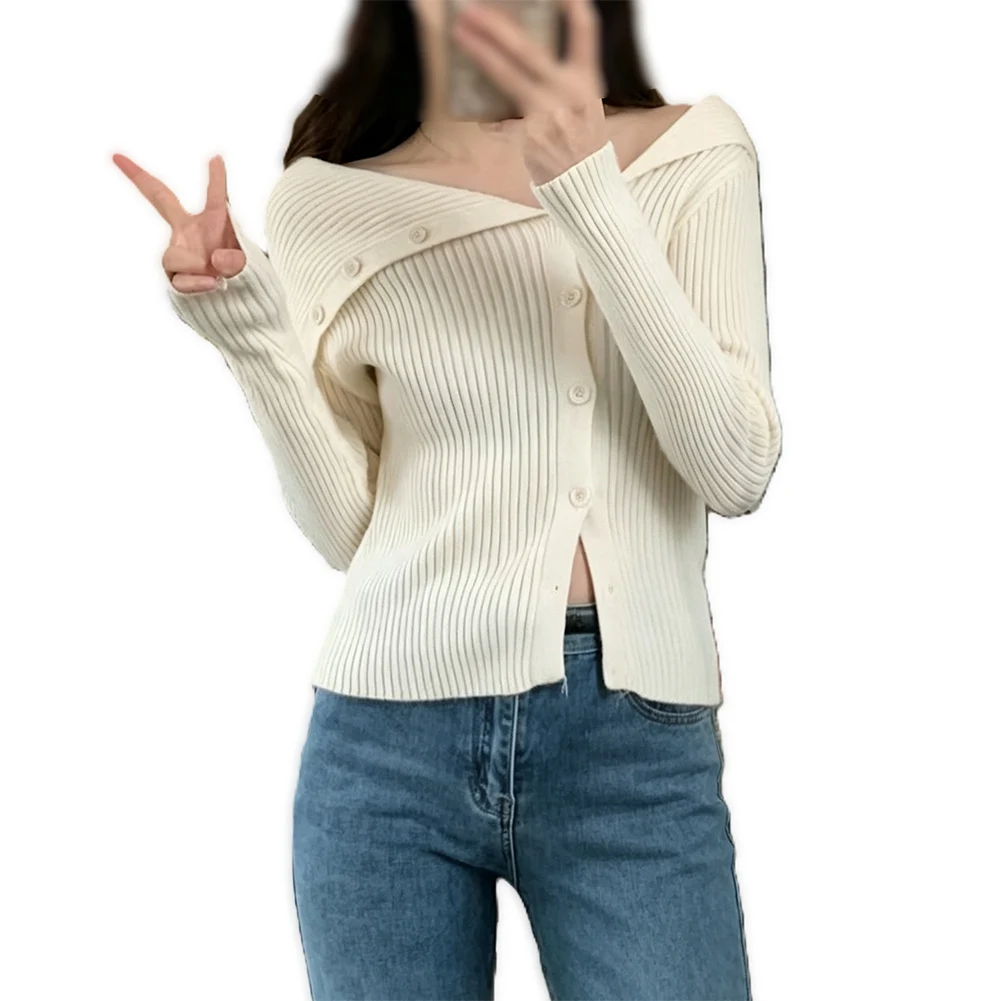 Solid Color Outerwear Women Knit Cardigan Polyester Fabric Medium Elasticity Four Season Suitable Default Pattern