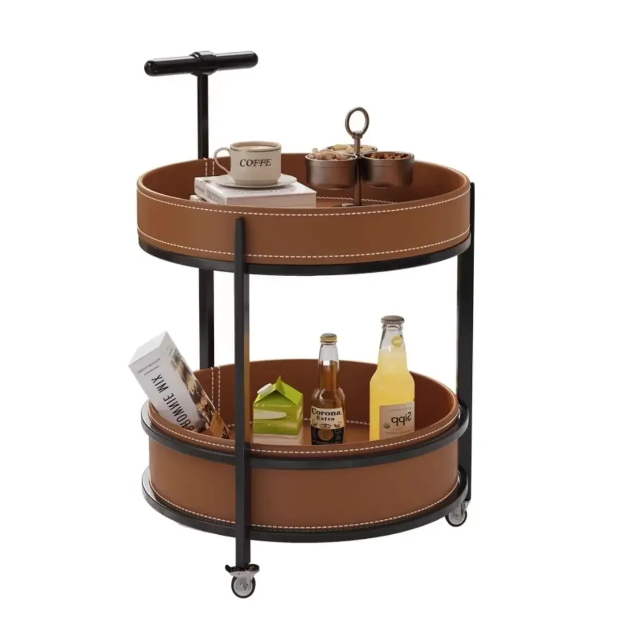 Factory Direct 2026 Light luxury modern saddle round sofa living room trolley coffee table mobile simple household double-layer