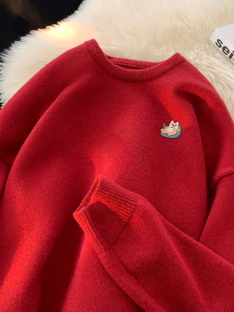 

Luy Year Red round Ne Knitwear Men Winter Lazy High-End Feeling Inner Wear Teenage Loose Wool Sweater Soft Comfortable Fa...