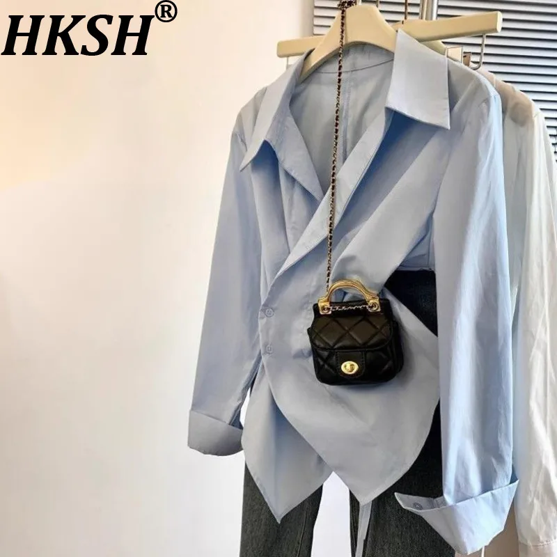 HKSH Spring Autumn New Women Shirt Long Sleeve Turn-down Collar Irregular Waist Cinching Solid Color Elegant Tide Blouse HK17221