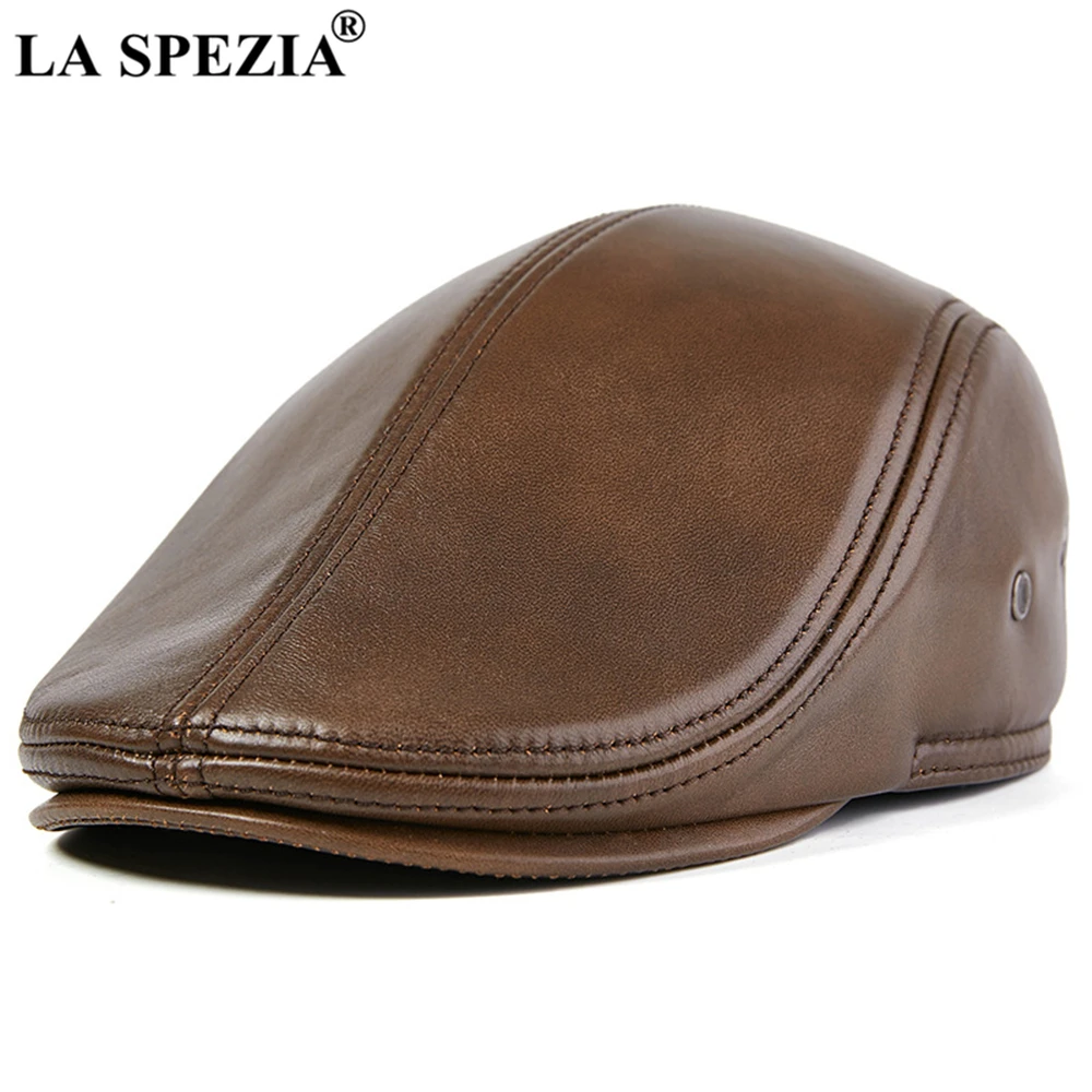 LA SPEZIA Black Men Flat Cap Sheepskin Real Leather Men\'s Brand Cap High Quality Autumn Winer Earflaps Men\'s Duckbill Ivy Cap