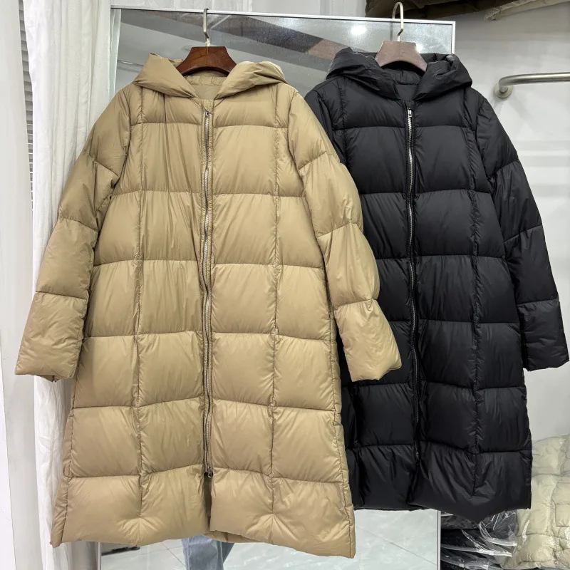 

Schinteon Women's White Duck Down Long Jacket Autumn Winter Warm Outwear with Hood Loose A-line Coat 2025 New Real Pictures