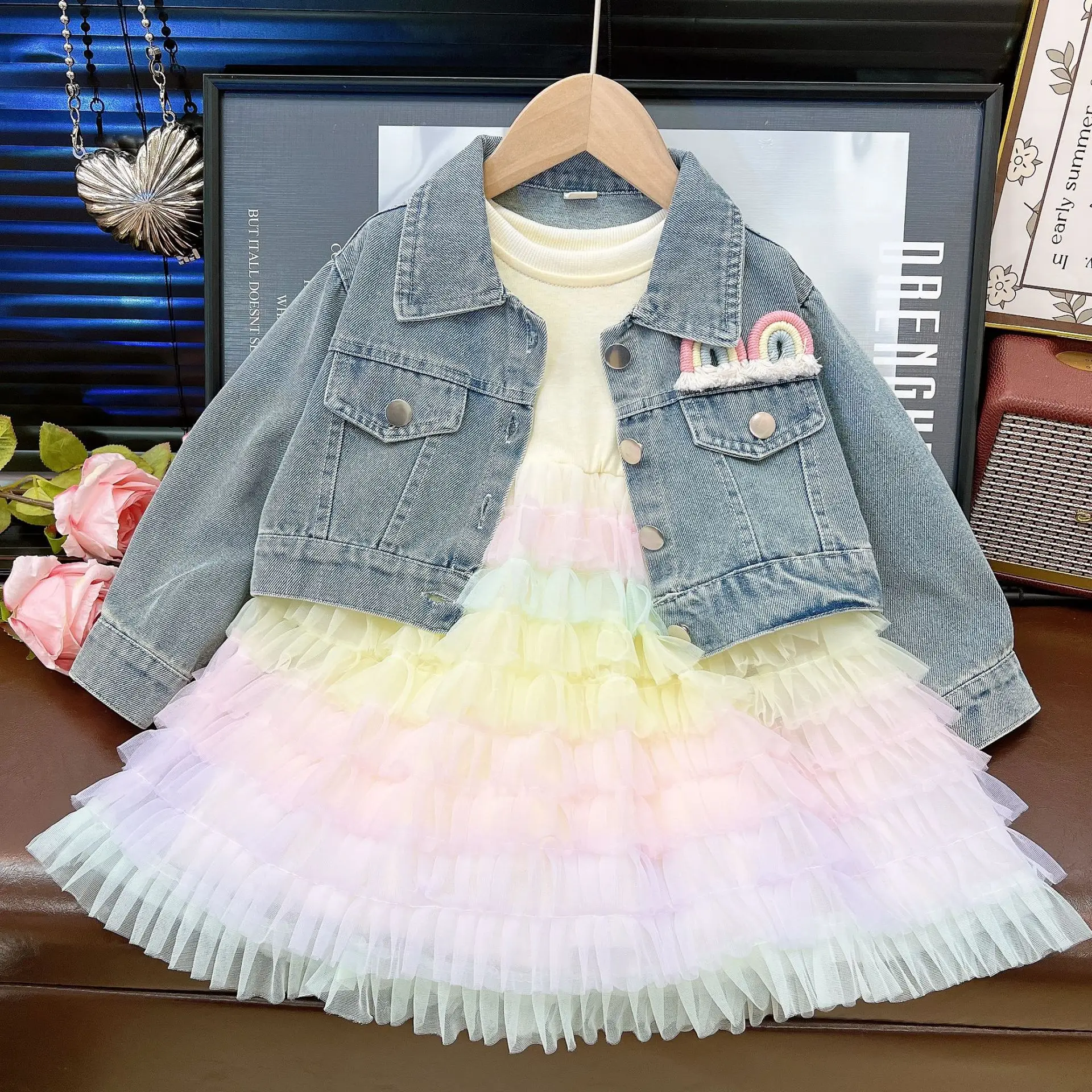 

Children's Sets 2025 Girls' Denim Dress Set Princess Style 2-Piece Outfit Cute Jean Dress & Top for Autumn