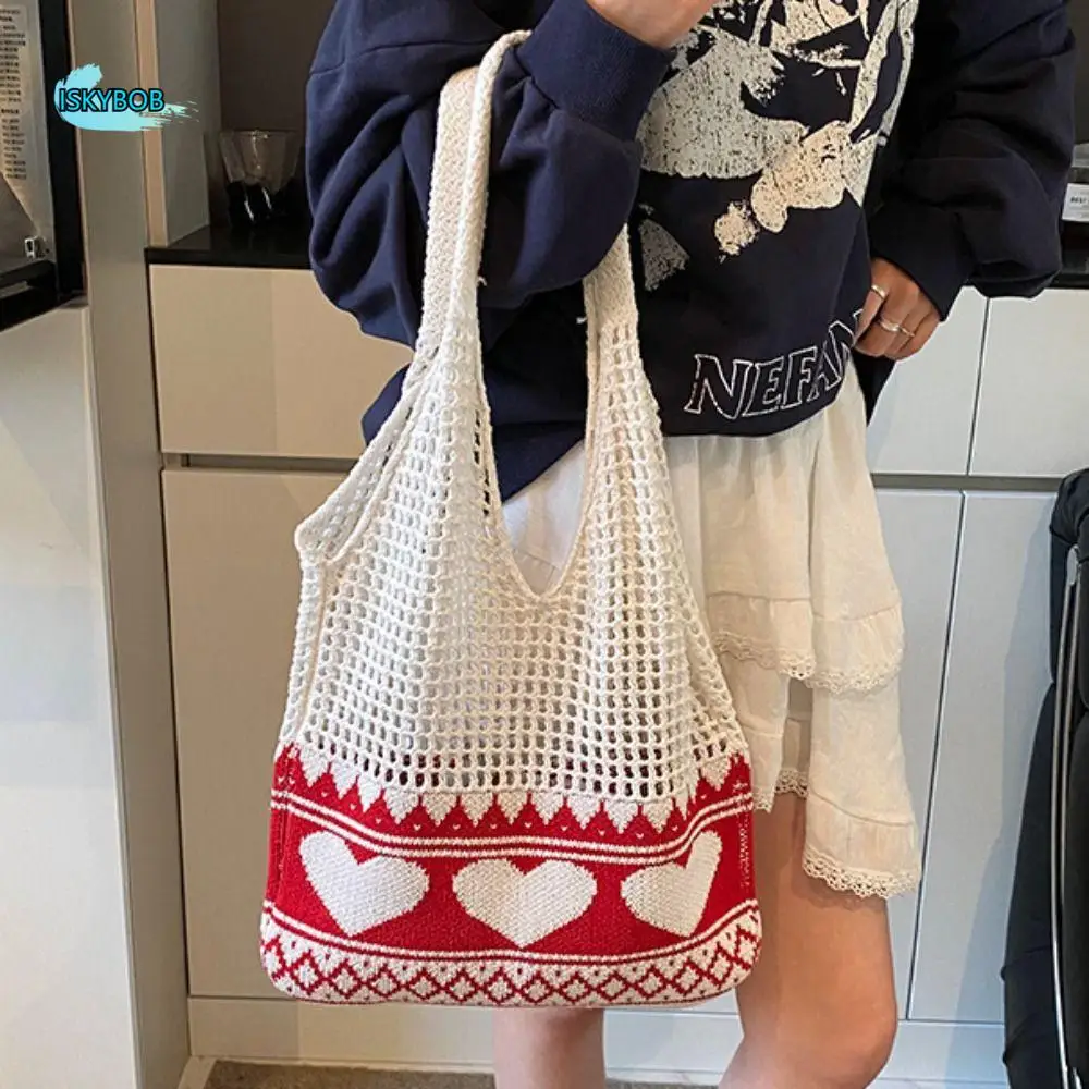 

Trendy Handmade Crochet Bag Leisure Hollow Knitted Tote Bag Boho Large Capacity Weave Shoulder Bag Girls