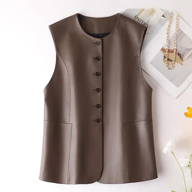 

New 2025 Women Sheepskin Genuine Leather Slim Fit Tank Top Streetwear Sleeveless Jacket Long O-Neck Vest Mujer