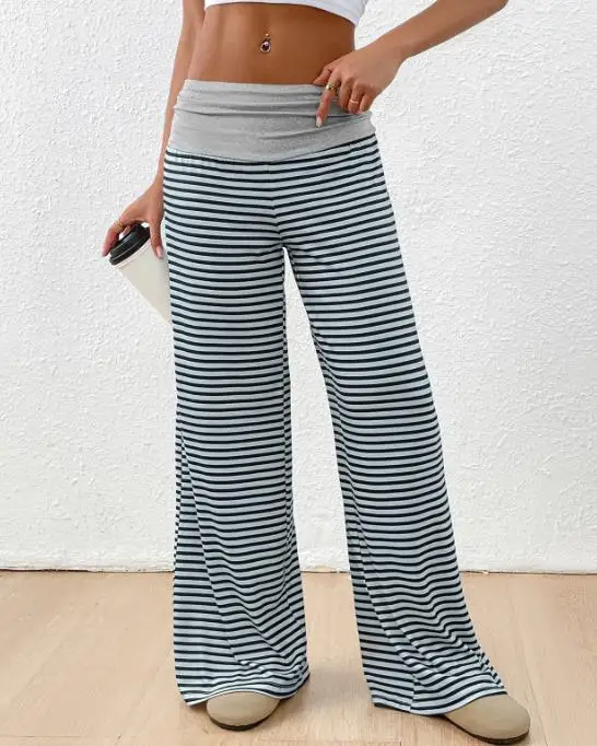 

2025 Spicy Girl Low Waist Color Block Striped Wide Leg Pants Casual Home Women's Fashion Trousers