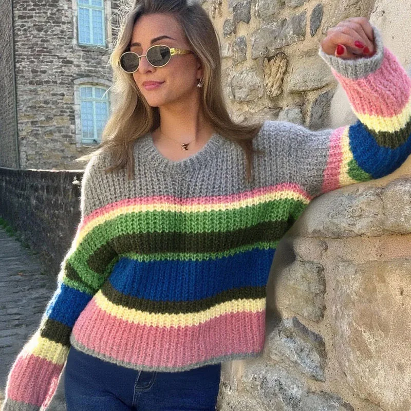 

Свободный пуловер в радужную полоску, женский осенний новый стиль, милый свитер в корейском ленивом стиле, топ