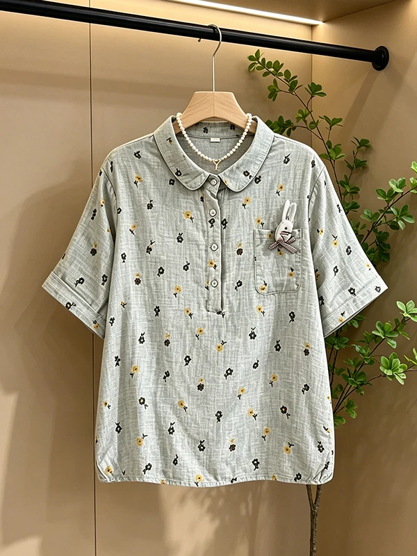 

plus Size Summer New Retro Shoulder Print Short Sleeve Shirt Women's Doll Collar Versatile Top Korean Style Loose Fit Breathable