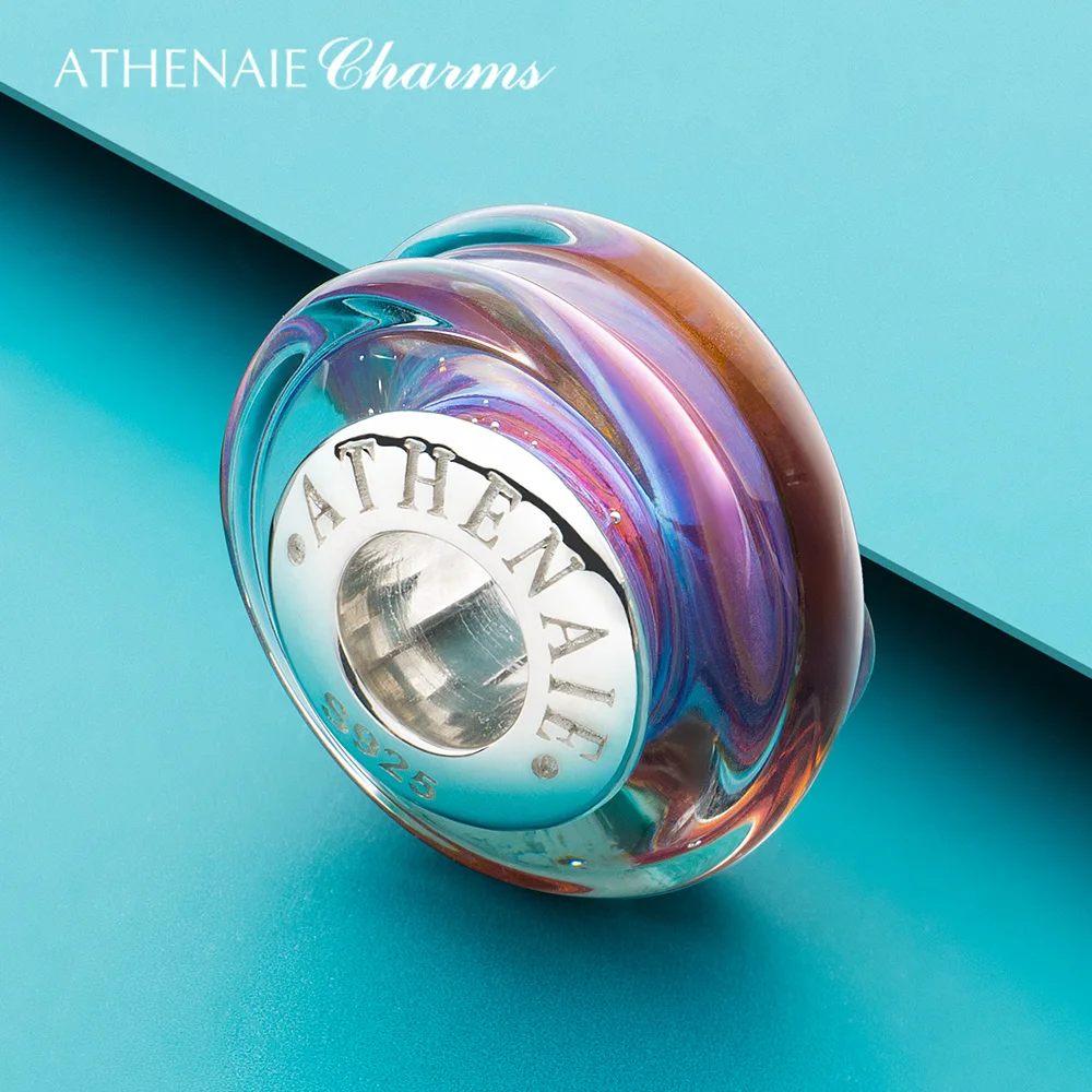 ATHENAIE Classic Purpl Striped Genuine Murano Glass Charms Bead with 925 Silver Core fit European Bracelet Gift for Women